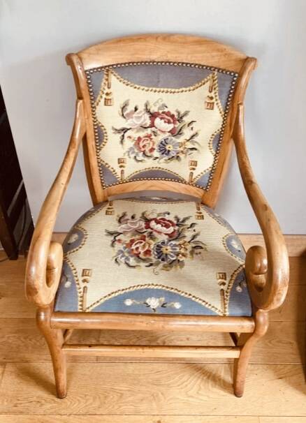 19th century St Empire armchair in pegged blond walnut with cross-stitched tapestries