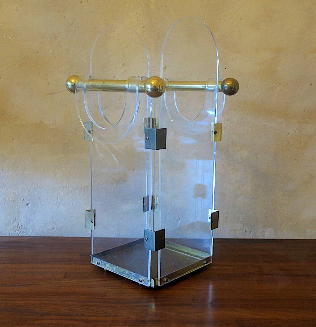 Umbrella stand in brass and clear lucite / plexiglass, 1960s