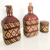 Lot of 2 ethnic leather-wrapped bottles and box
