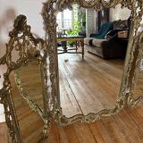 Triptyque Miroir Baroque/Rococo en laiton Doré, vers 1950 -M