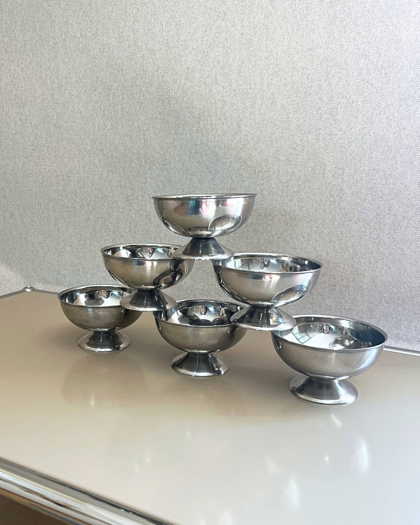 6 vintage stainless steel dessert bowls, 1960s