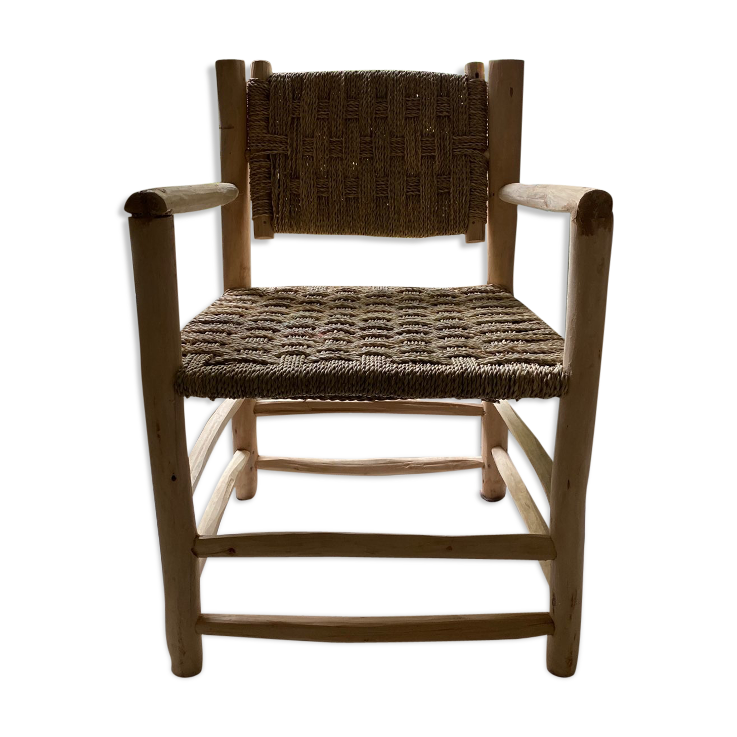 Handcrafted driftwood and straw armchair