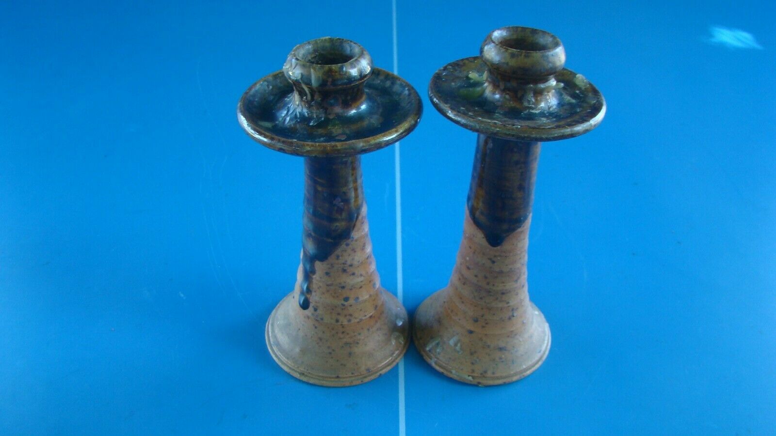 Pair of corsican sandstone candlesticks varnished Truchon Oletta stamped