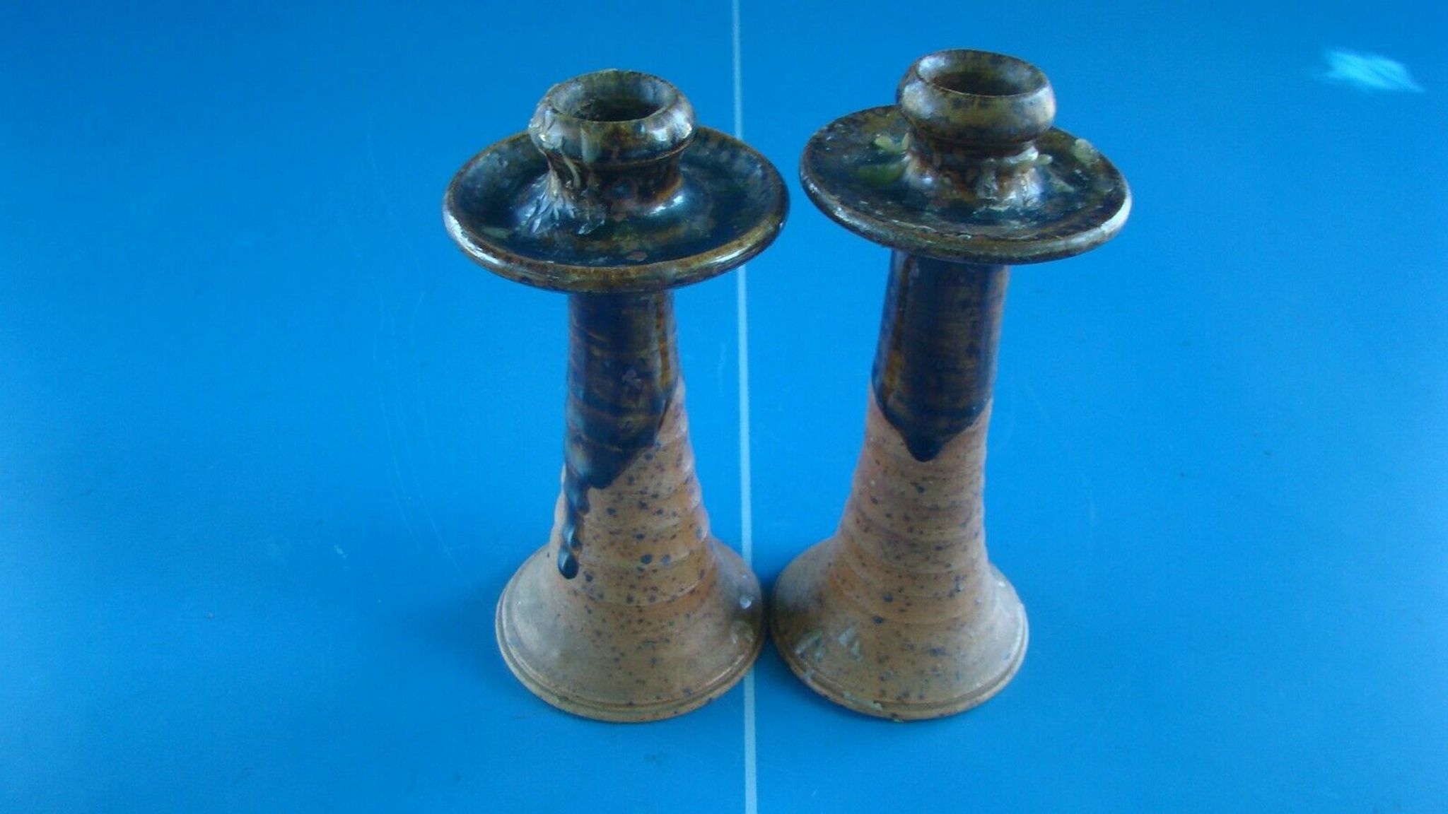 Pair of corsican sandstone candlesticks varnished Truchon Oletta stamped