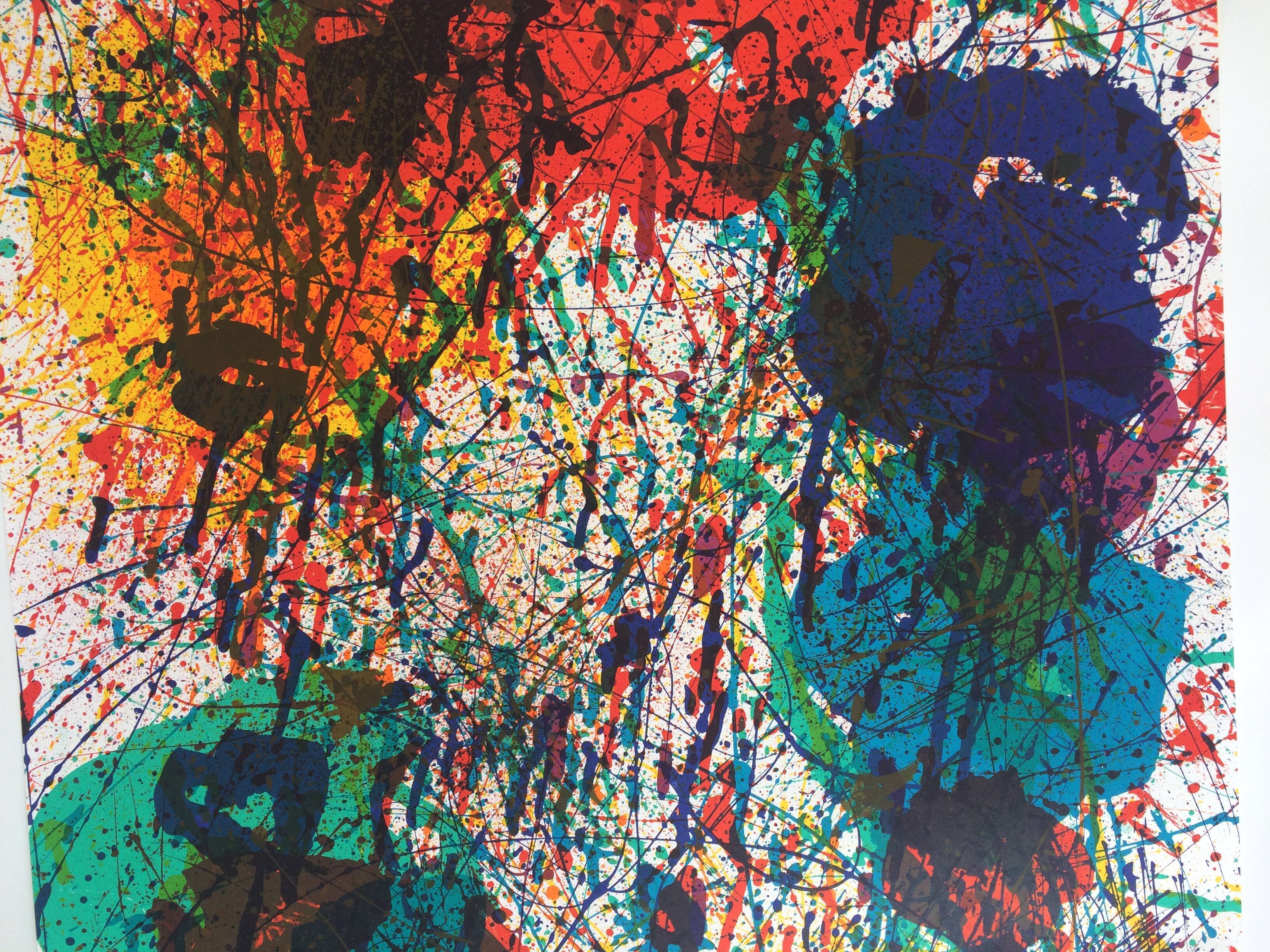 Affiche d'exposition réalisée en lithographie originale Sam Francis, explosion de couleurs, 1983.