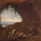 Antique Genoese painting from the 18th century, monks praying in a cave