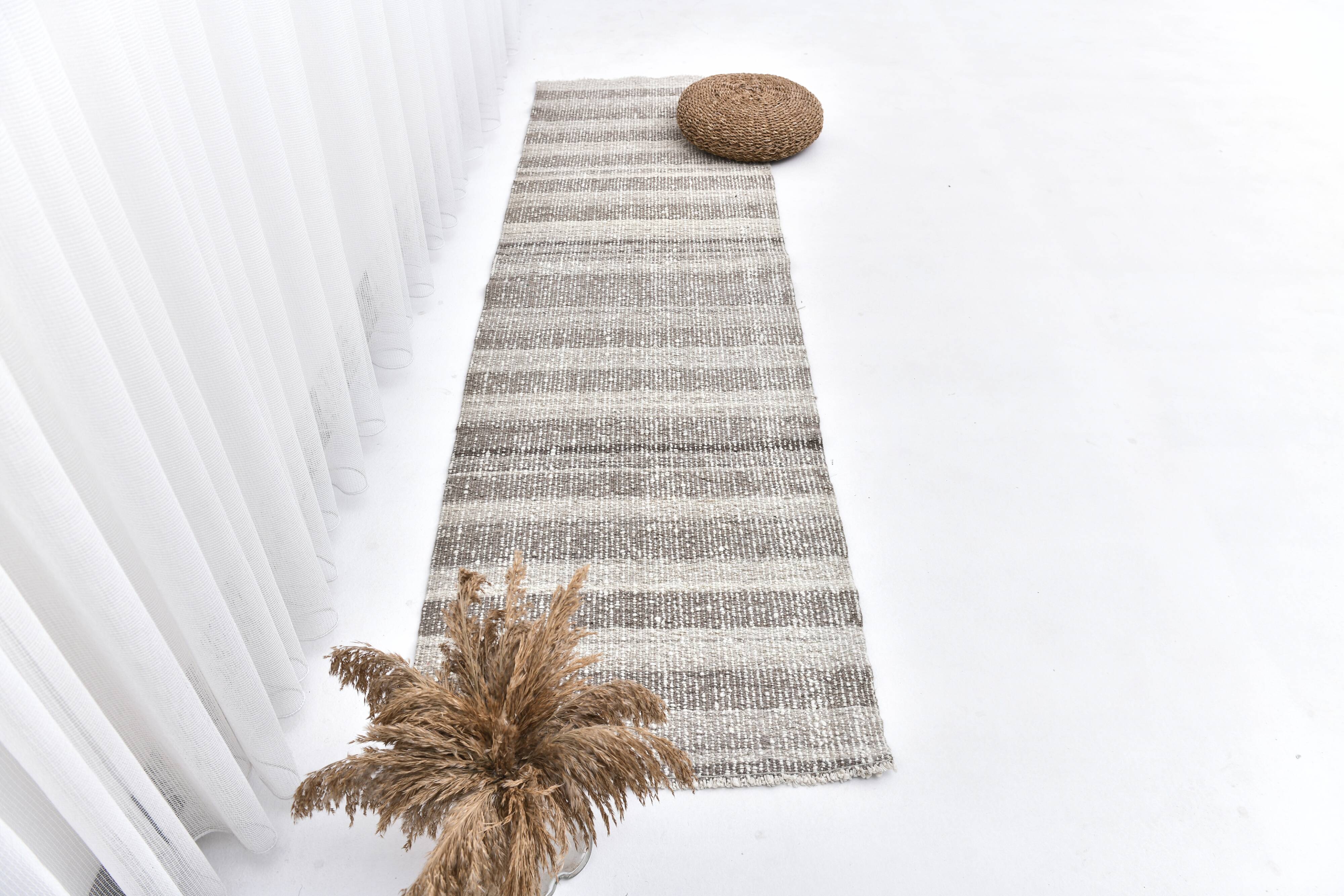 Brown Cream Runner rug, wool corridor kilim carpet  71x246 cm