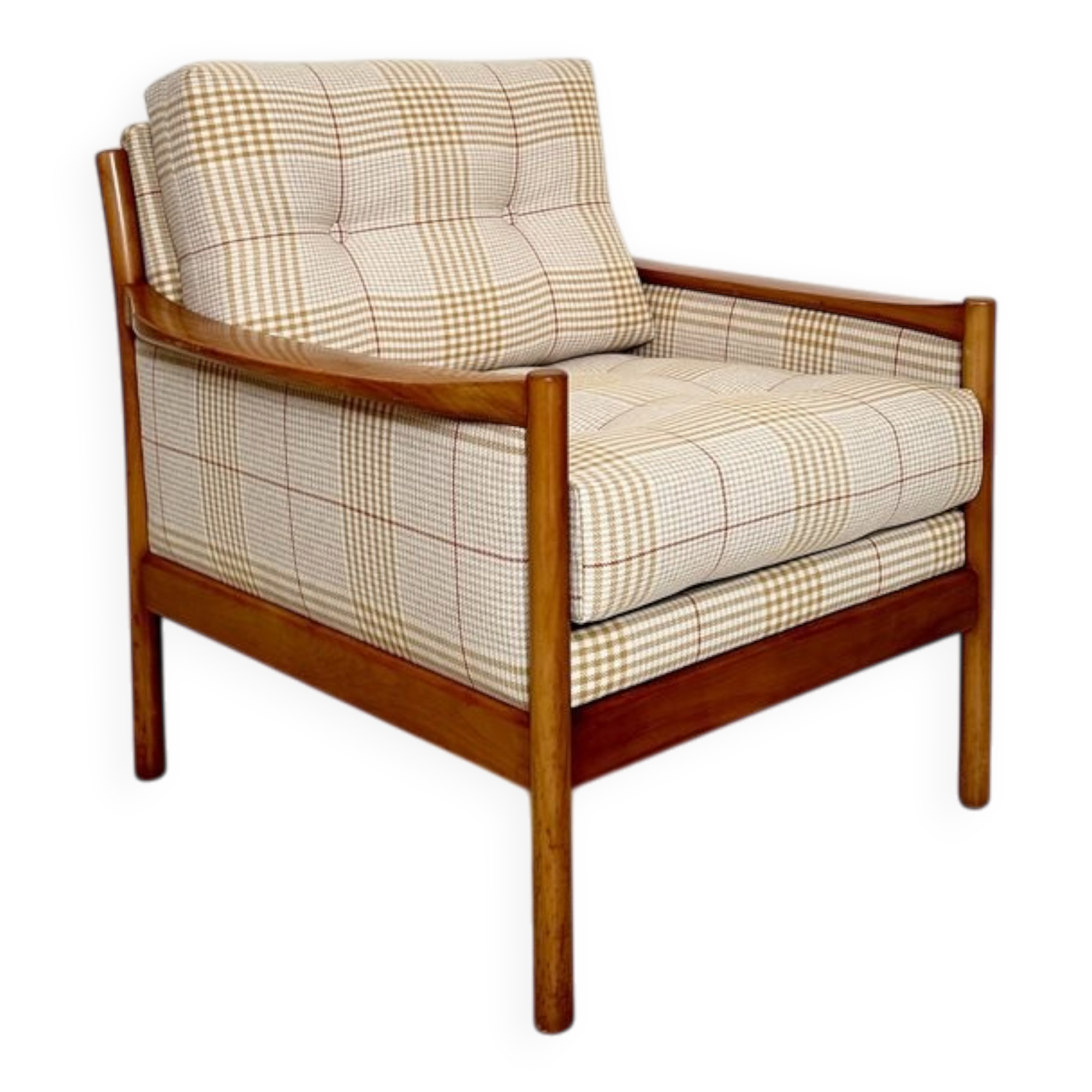 Mid-Century Scandinavian Armchair in Cherry Wood and Checked Fabric, 1960s