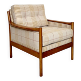 Mid-Century Scandinavian Armchair in Cherry Wood and Checked Fabric, 1960s