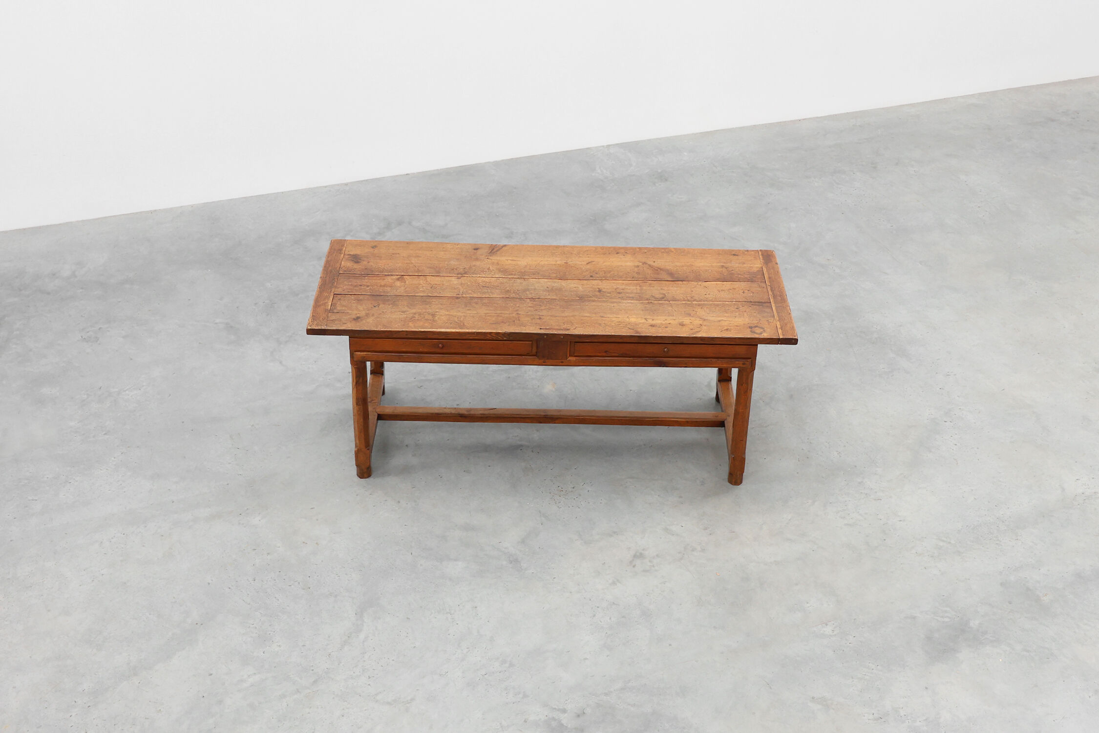 Rustic 19th century oak dinner table with drawers opening laterally, France