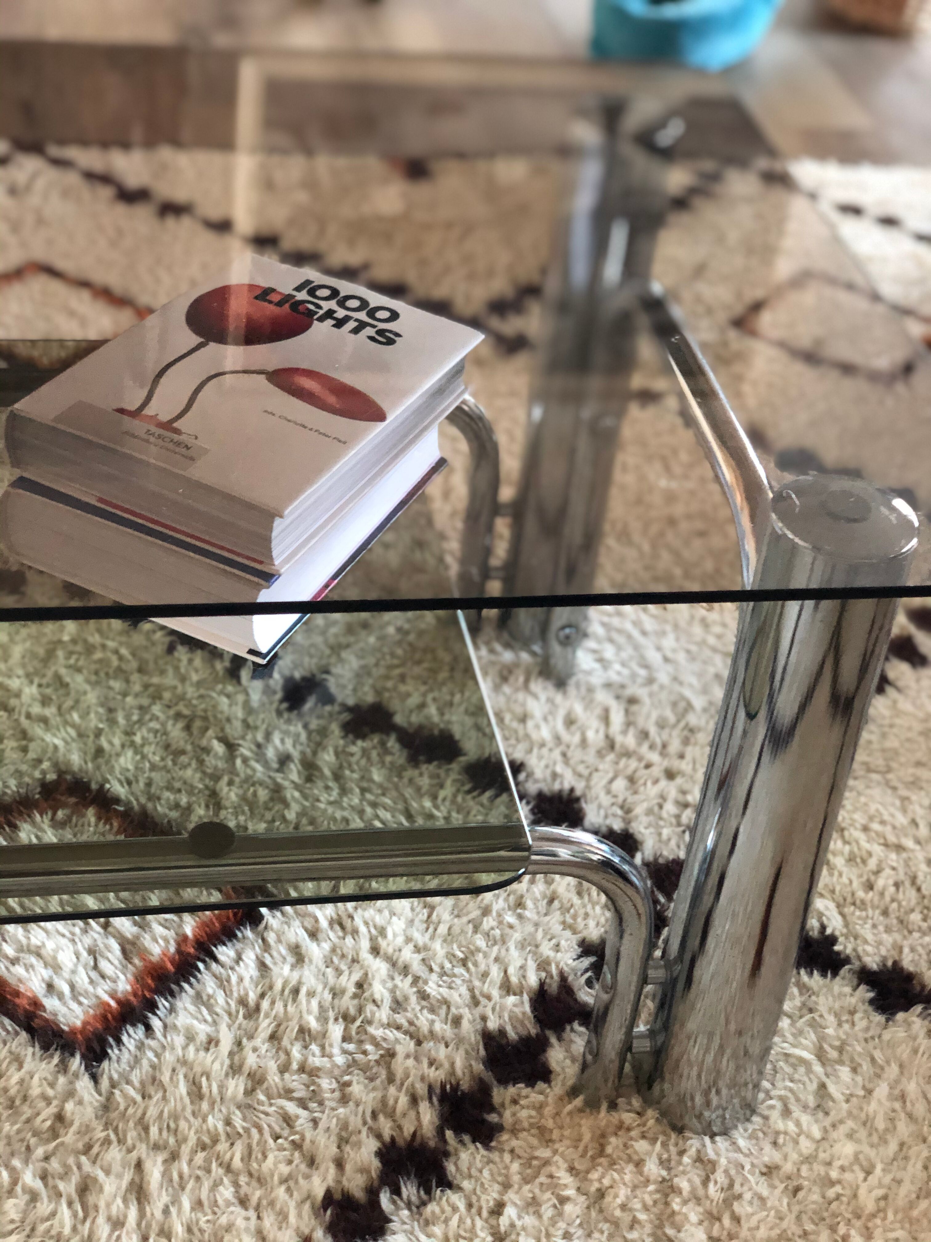 Chromium coffee table and 1970s smoked glass