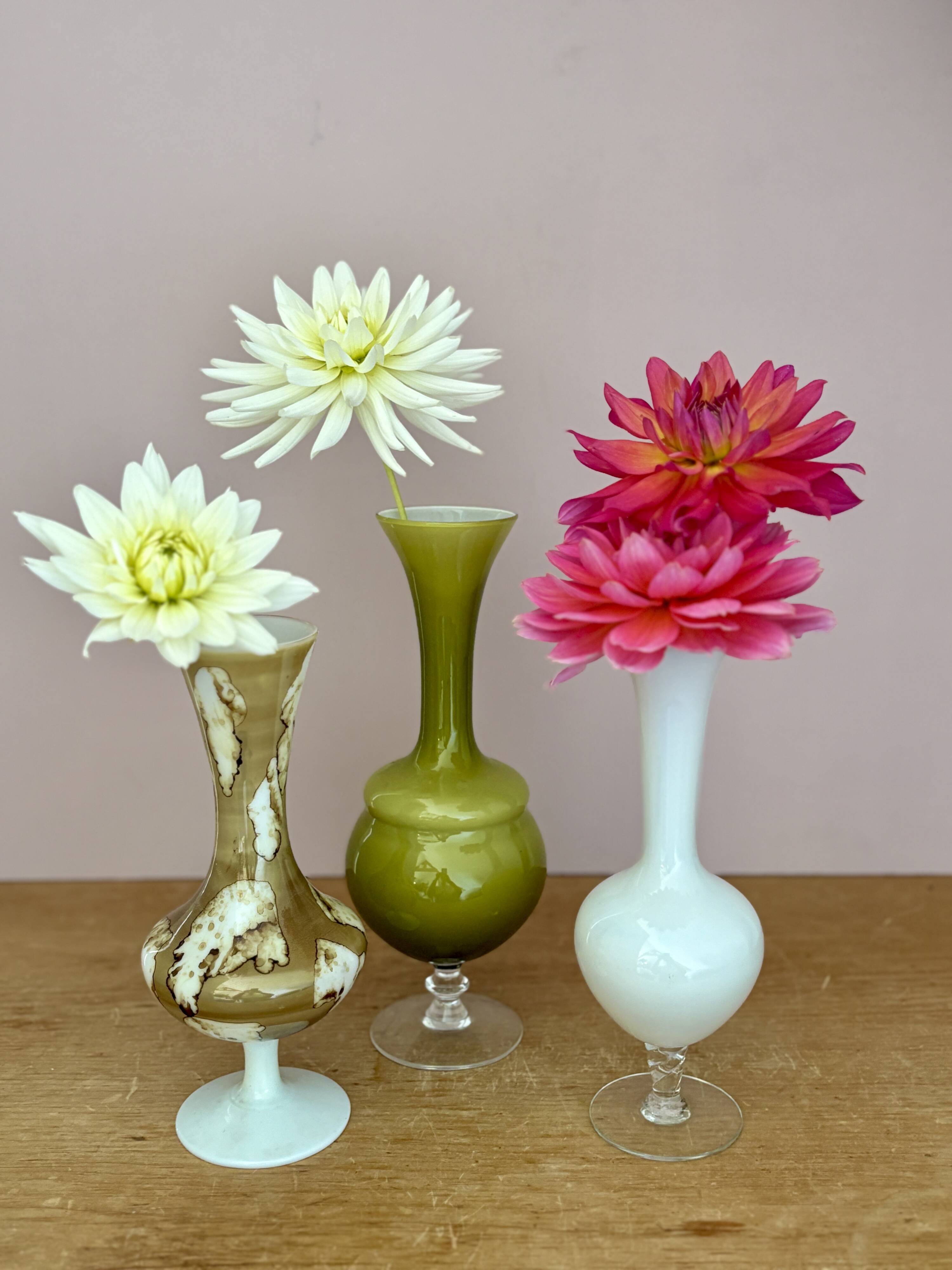 Set of 3 vintage glass and opaline vases