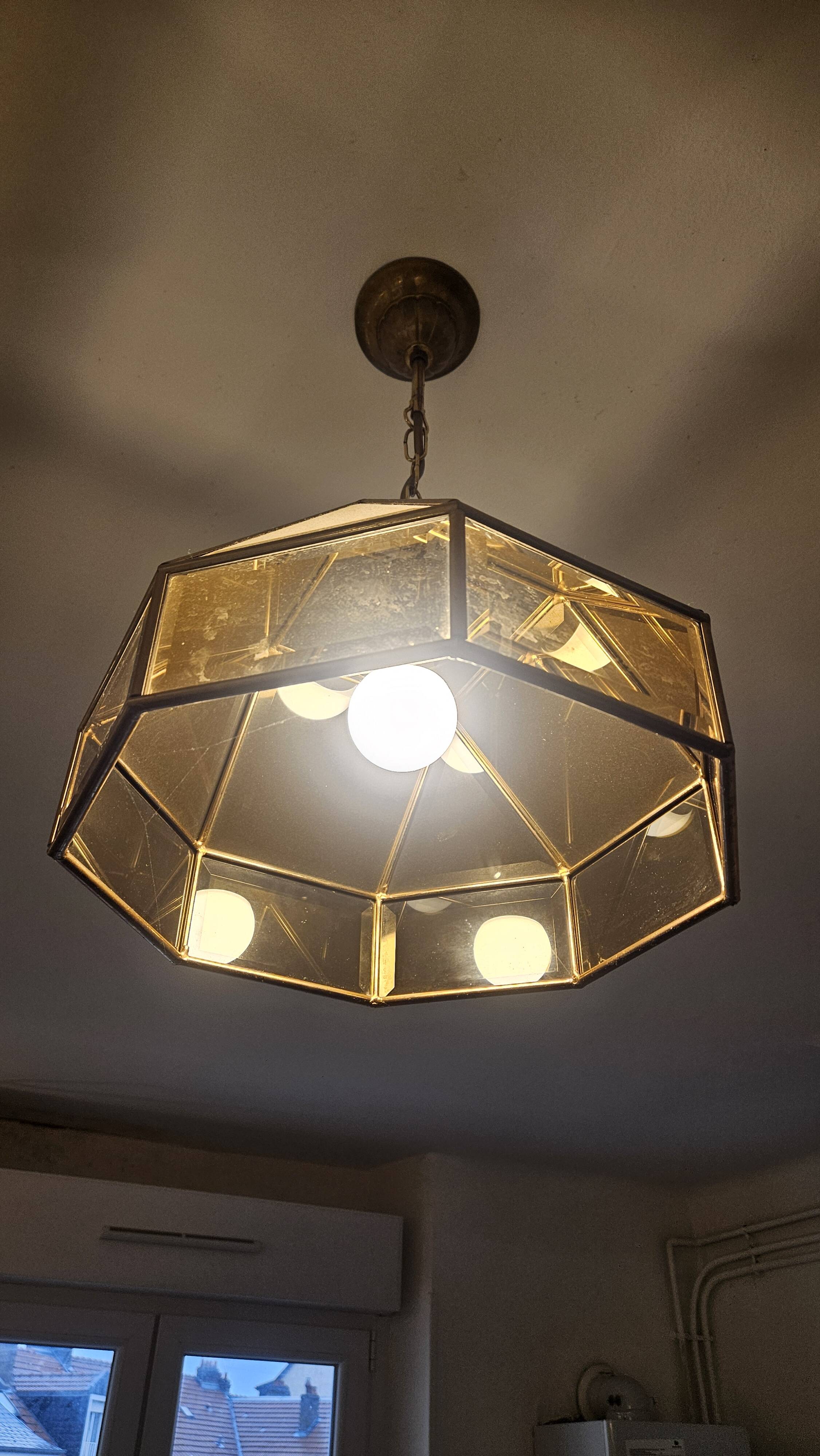 Vintage 70s gold metal smoked glass pendant light – retro design lamp