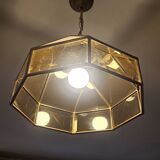 Vintage 70s gold metal smoked glass pendant light – retro design lamp