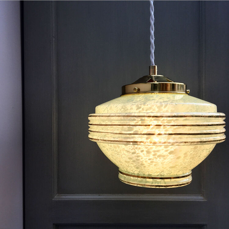 Vintage Globe art deco hanging in pale green Clichy glass.