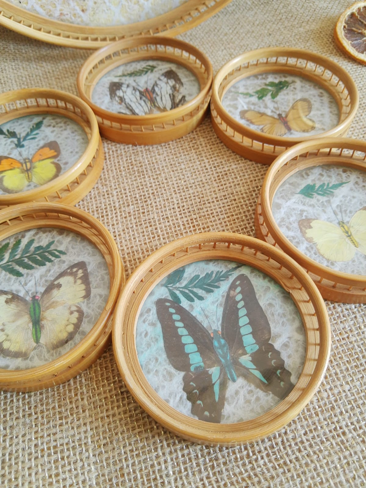 Set tray and 6 under glass bamboo vintage butterflies