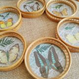 Set tray and 6 under glass bamboo vintage butterflies