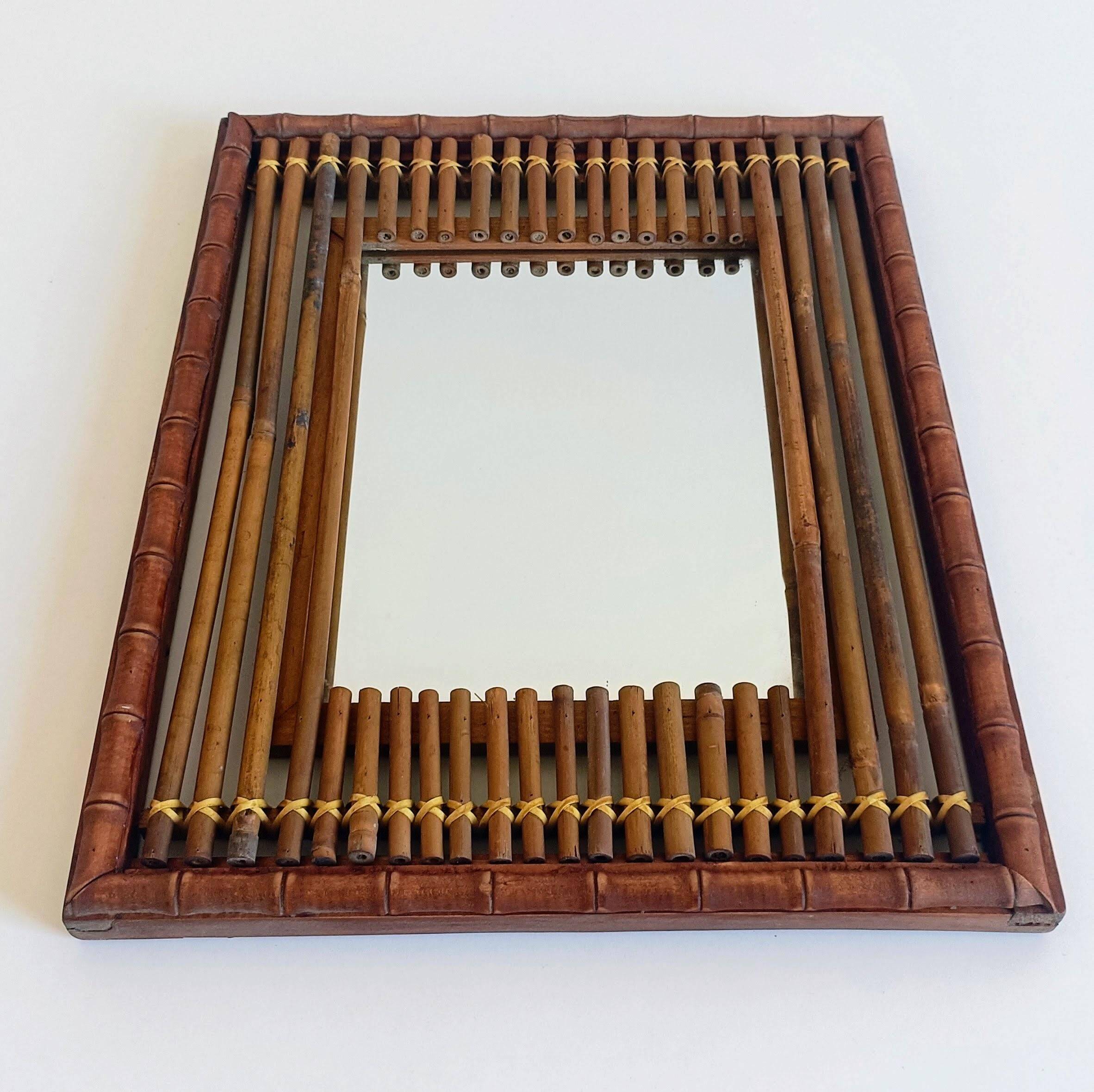 Antique French Art Deco Bamboo and Wood Wall Mirror, Early 20th Century