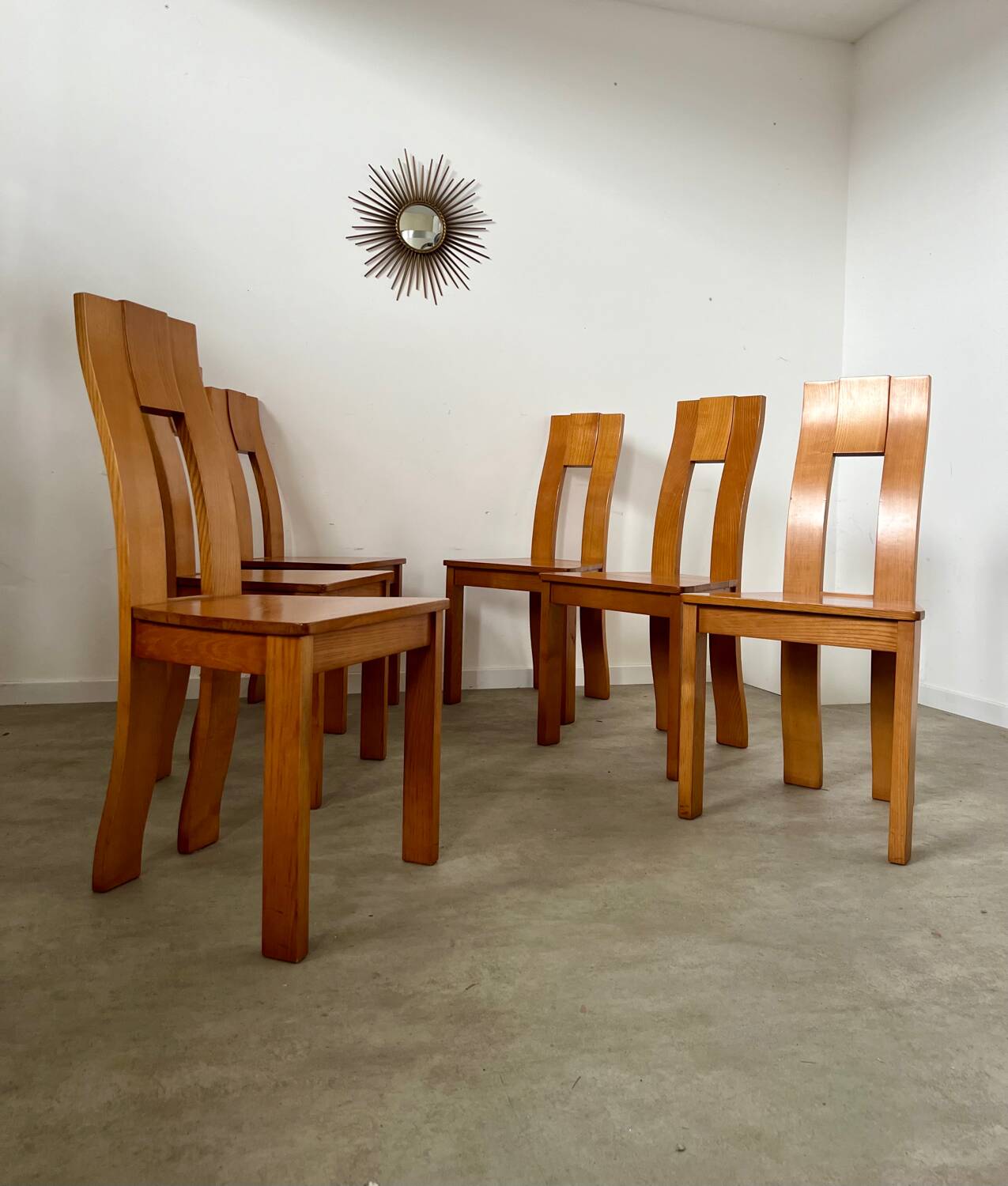 Set of 6 solid elm chairs 70s vintage Seltz design
