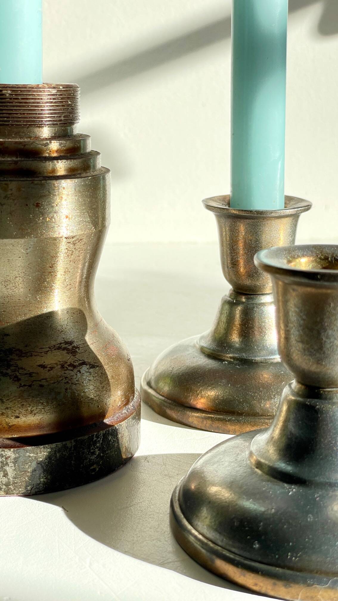 Industrial candle holders steel and silver bronze vintage