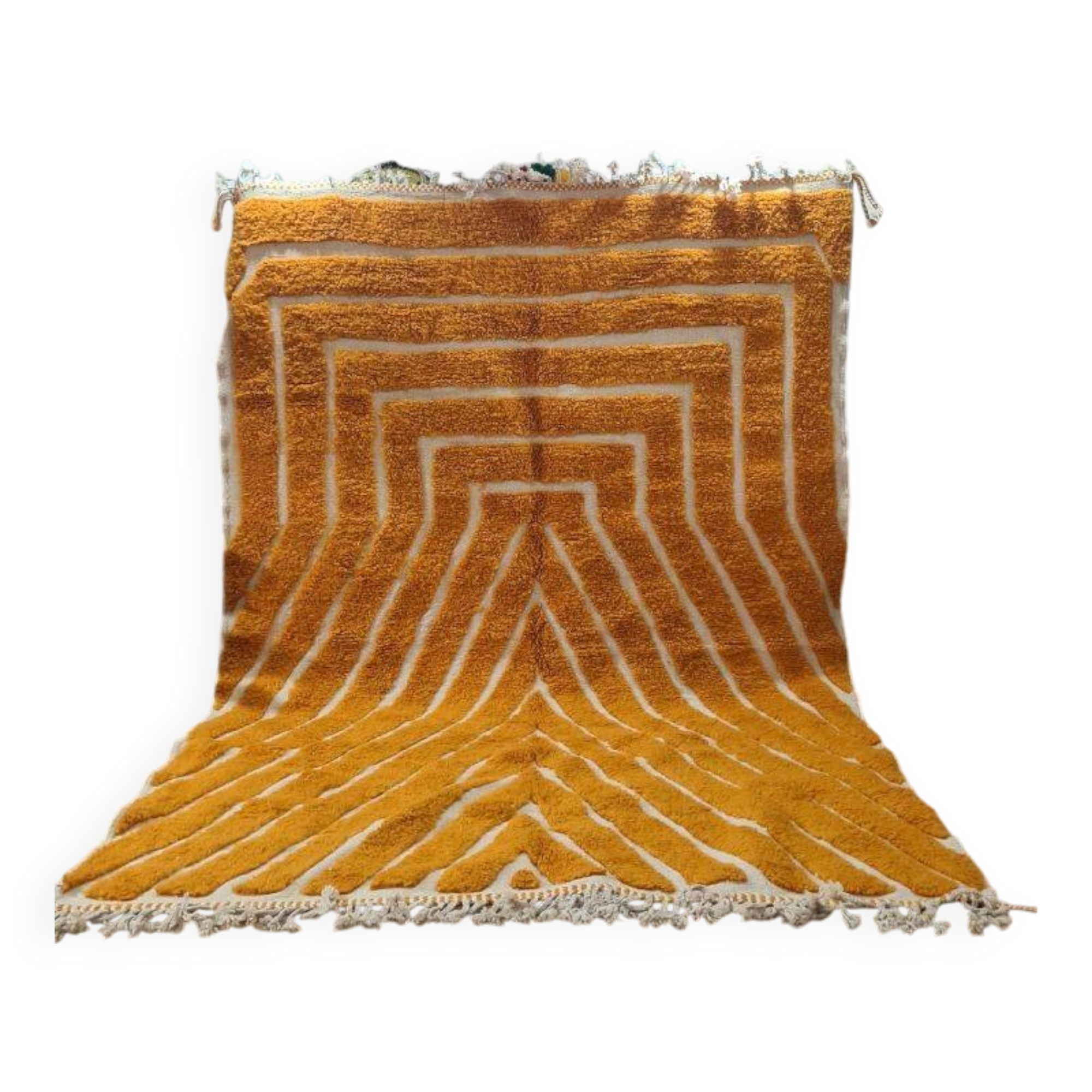 Bold Moroccan Beni Ouarain Rug in Mustard Yellow – Handwoven Wool Rug with Lines