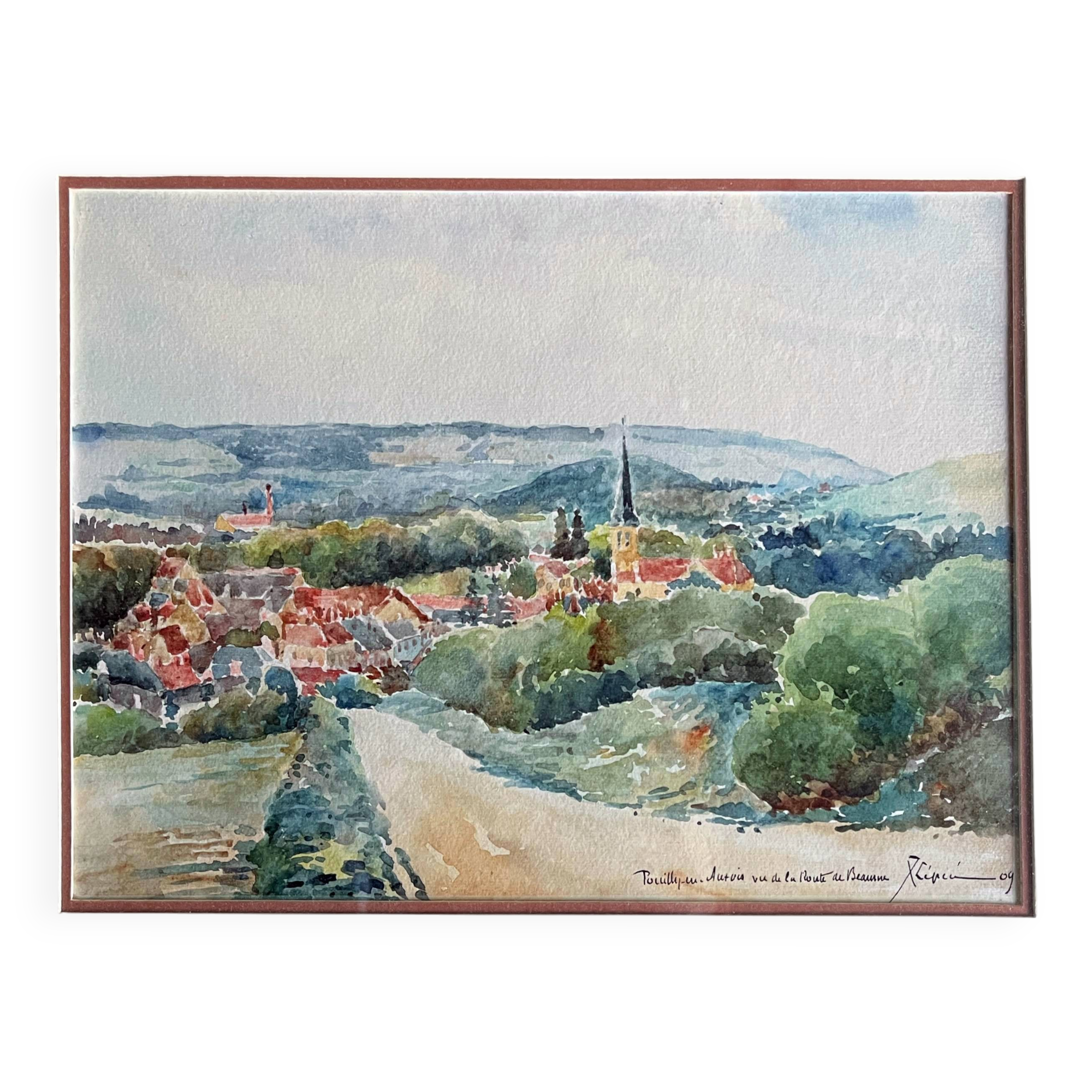 Watercolor painting 1909 "Pouilly-en-Auxois" (21) Signed Lépée + frame