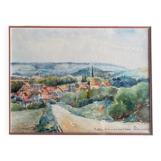 Watercolor painting 1909 "Pouilly-en-Auxois" (21) Signed Lépée + frame