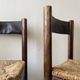 Lot of 4 modernist chairs in solid wood, leather and straw, Italy 1970.