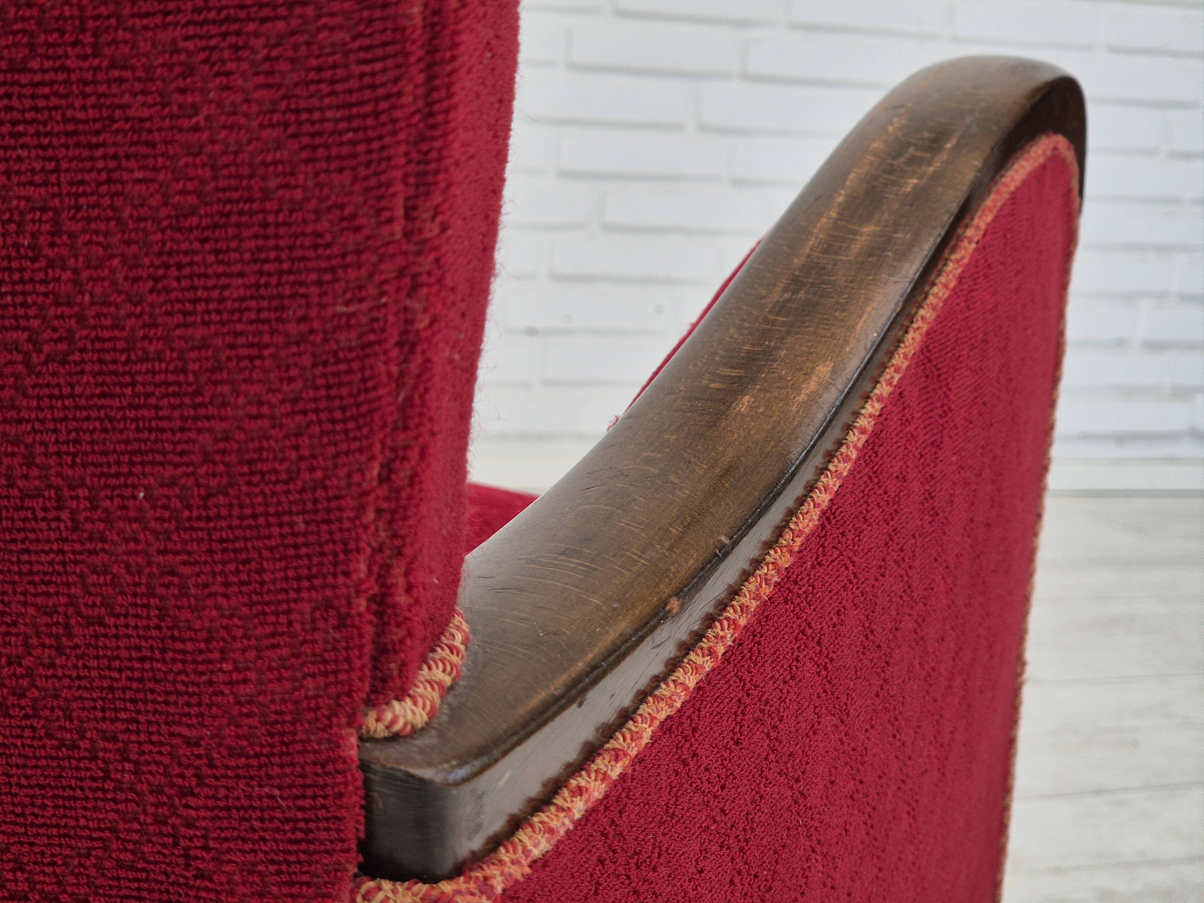 1950s, Danish design, armchair, original condition, red cotton-wool fabric.