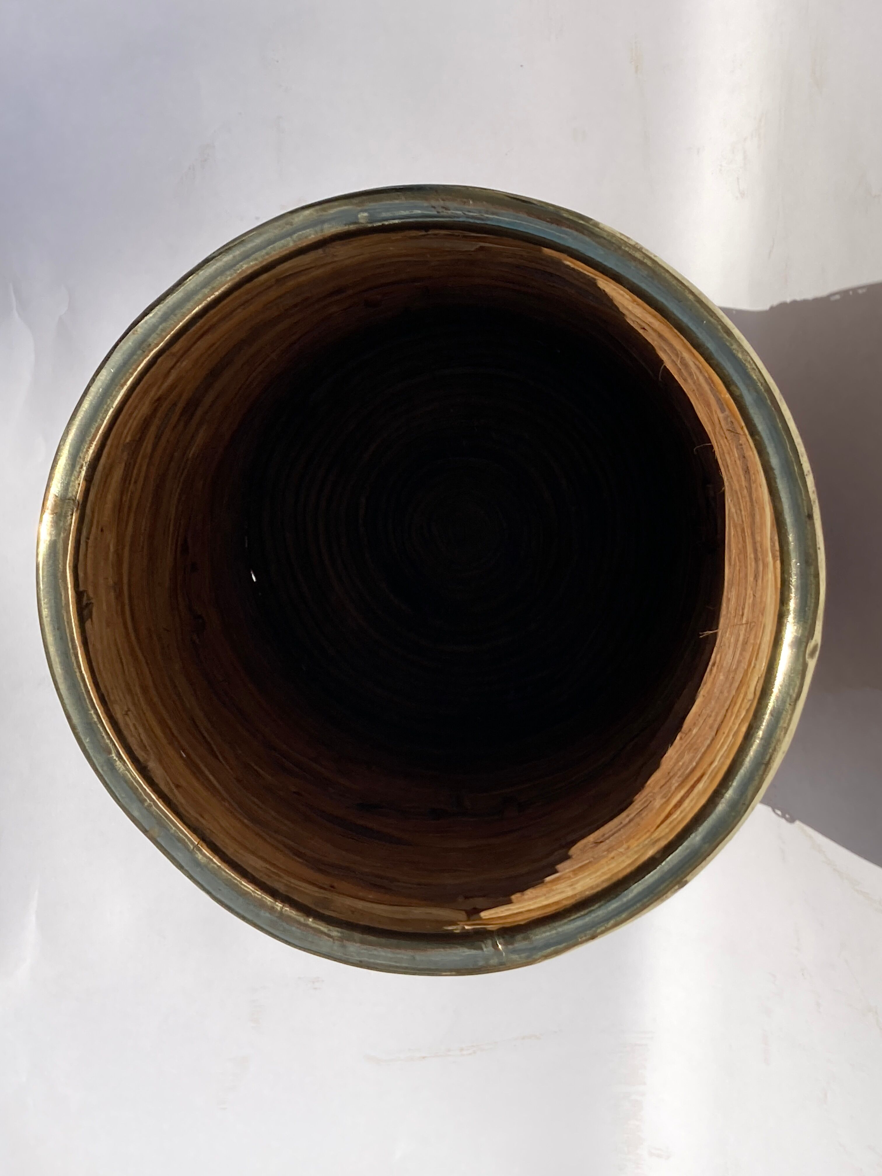 Midcentury rattan wicker and brass umbrella stand or basket