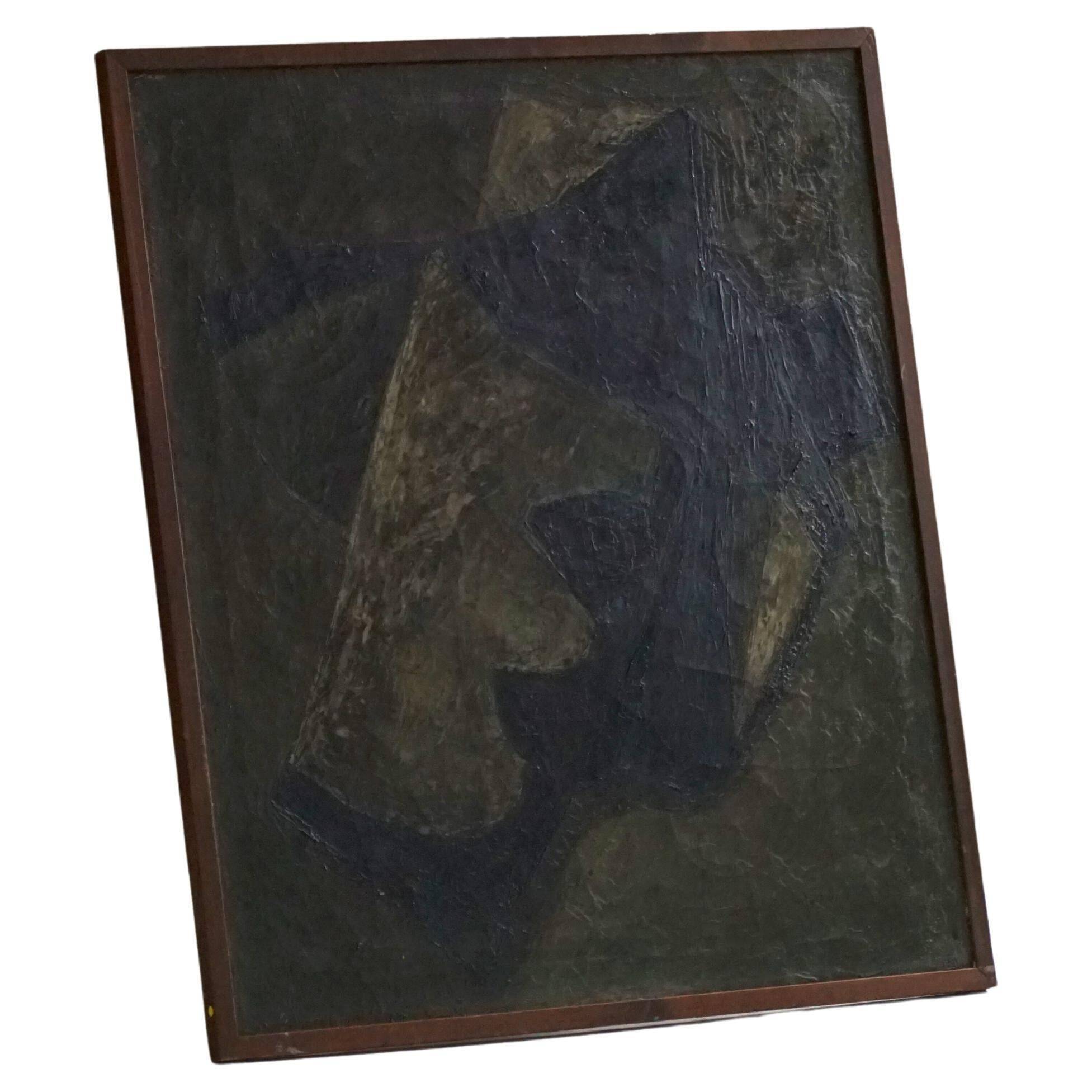 Mid-century pastel oil abstract painting, Danish artist, patinated wooden frame.