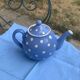 Lavender blue earthenware tea service with white polka dots from Digoin Sarreguemines.