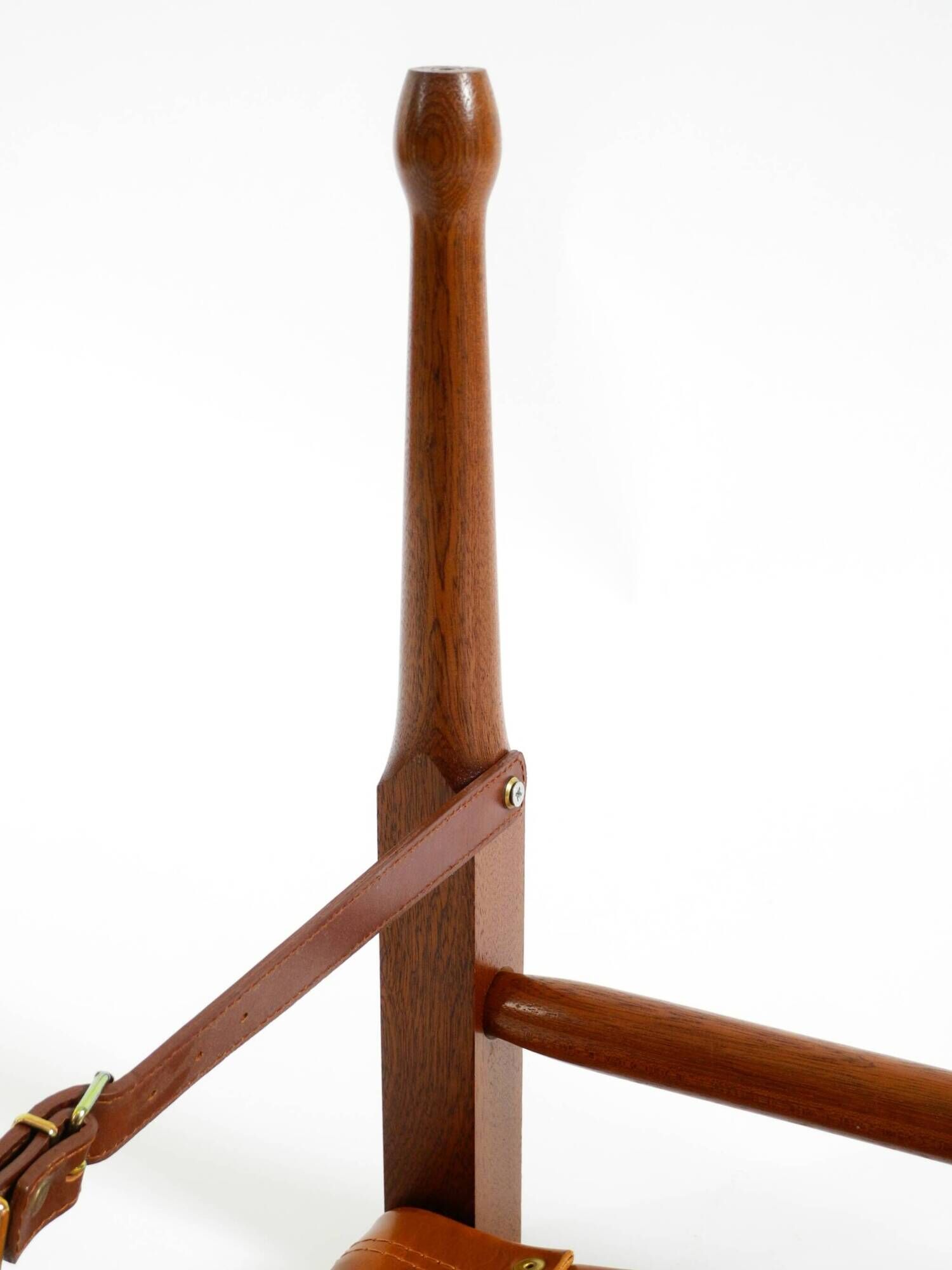 Rare 1990s safari stool with a teak frame and a seat made of brown saddle l