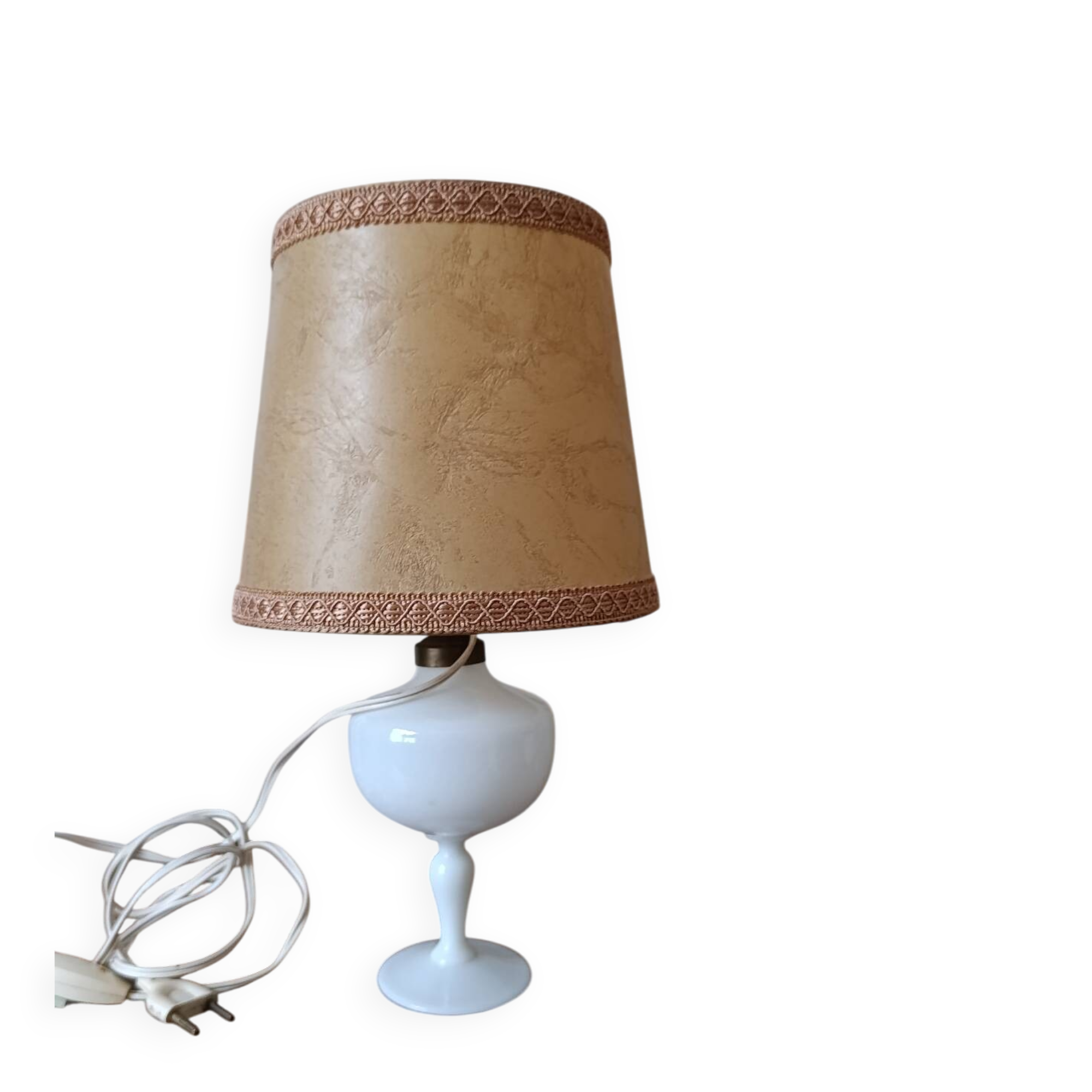 Retro white opaline table lamp, pigskin shade, 1950.