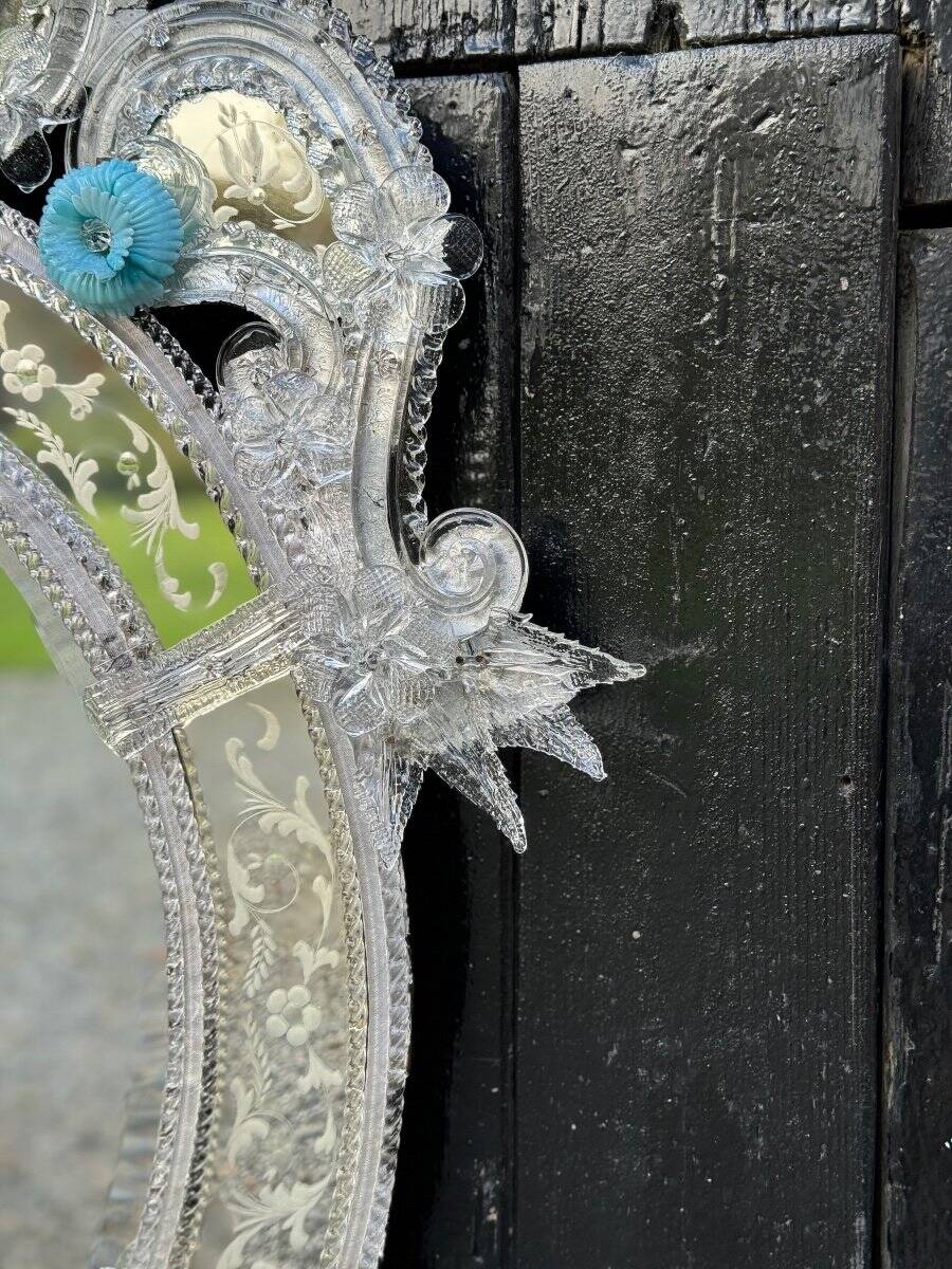 Colorless and Blue Murano Glass Venetian Mirror