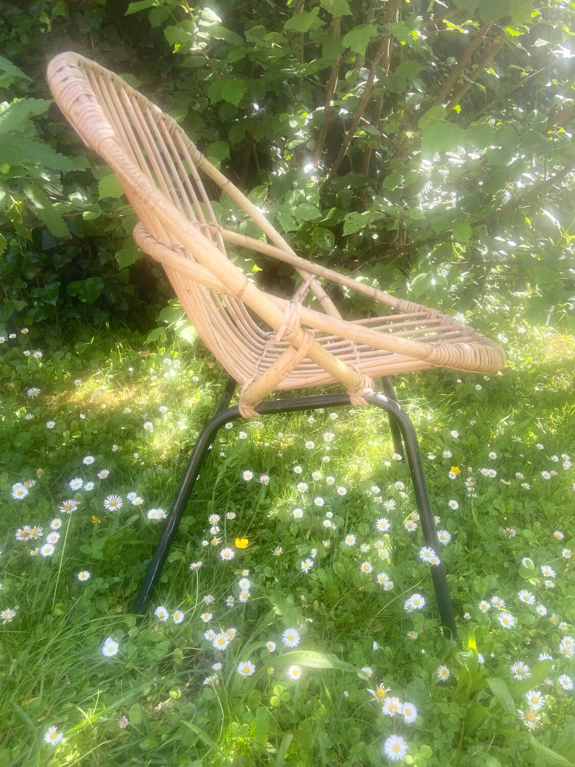 Fauteuil rotin - piétement acier noir - vintage