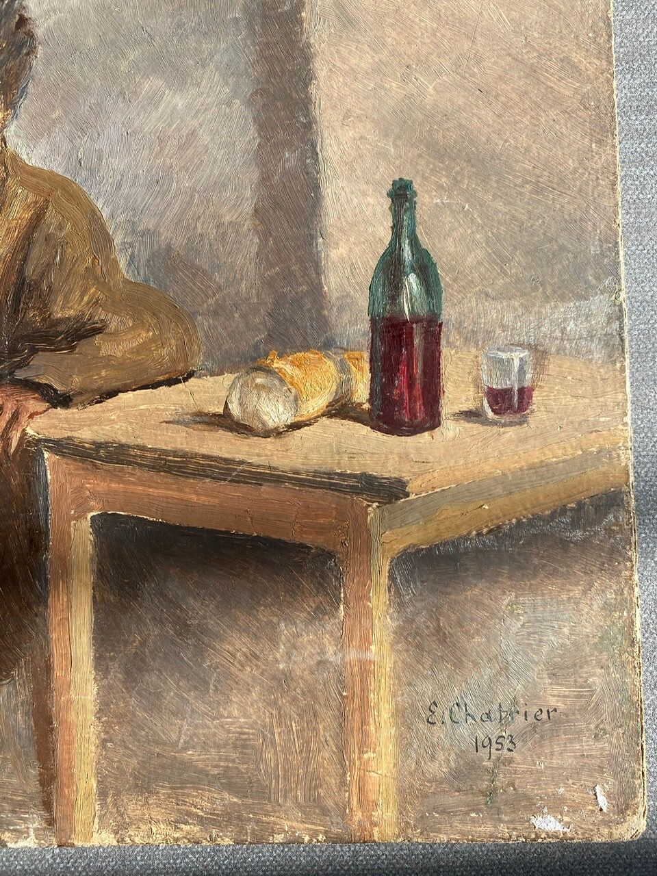 Old painting, portrait of a peasant, signed Étienne Chabrier, dated 1953