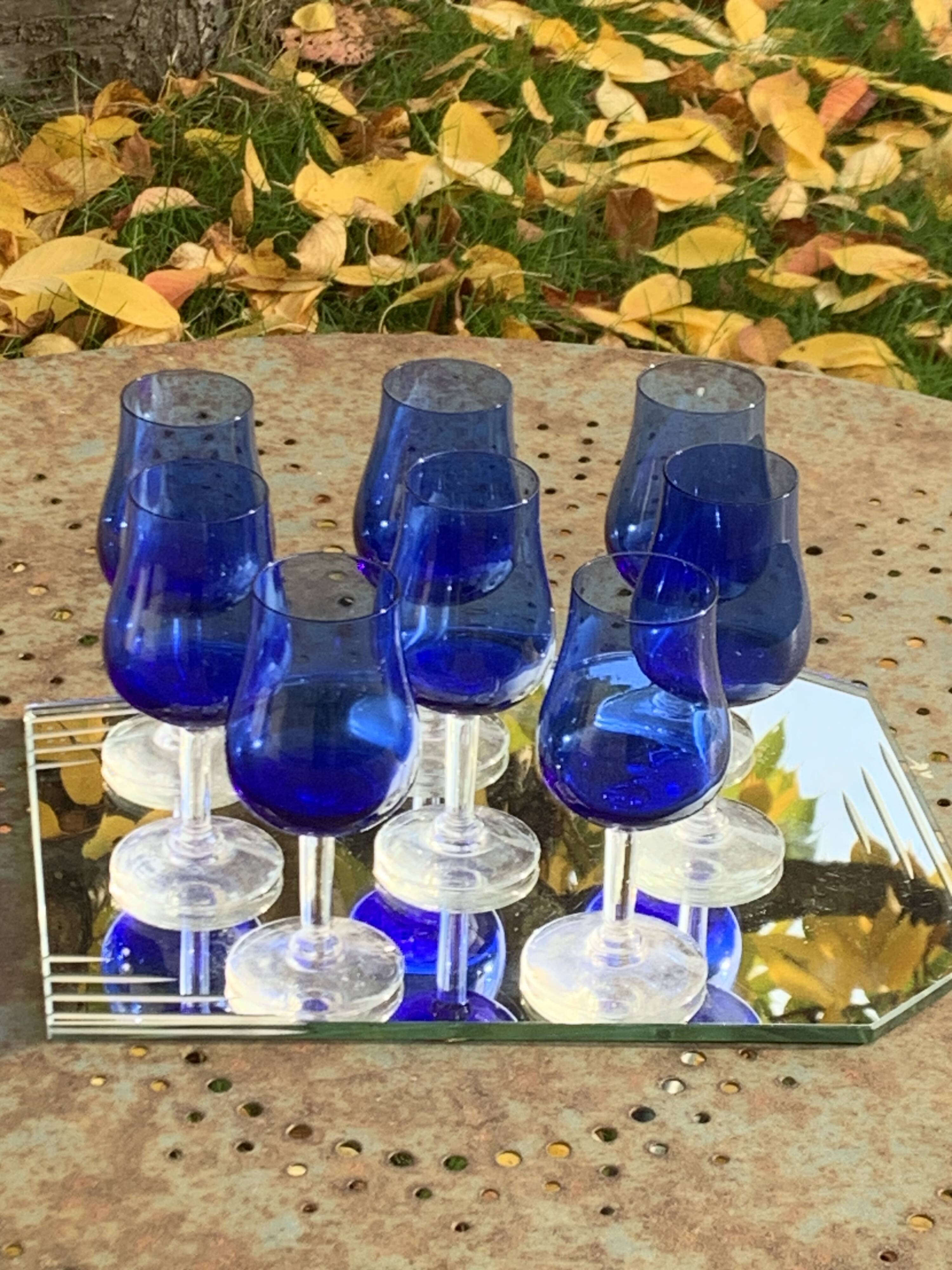 8 vintage cobalt blue glass port or aperitif glasses with transparent base