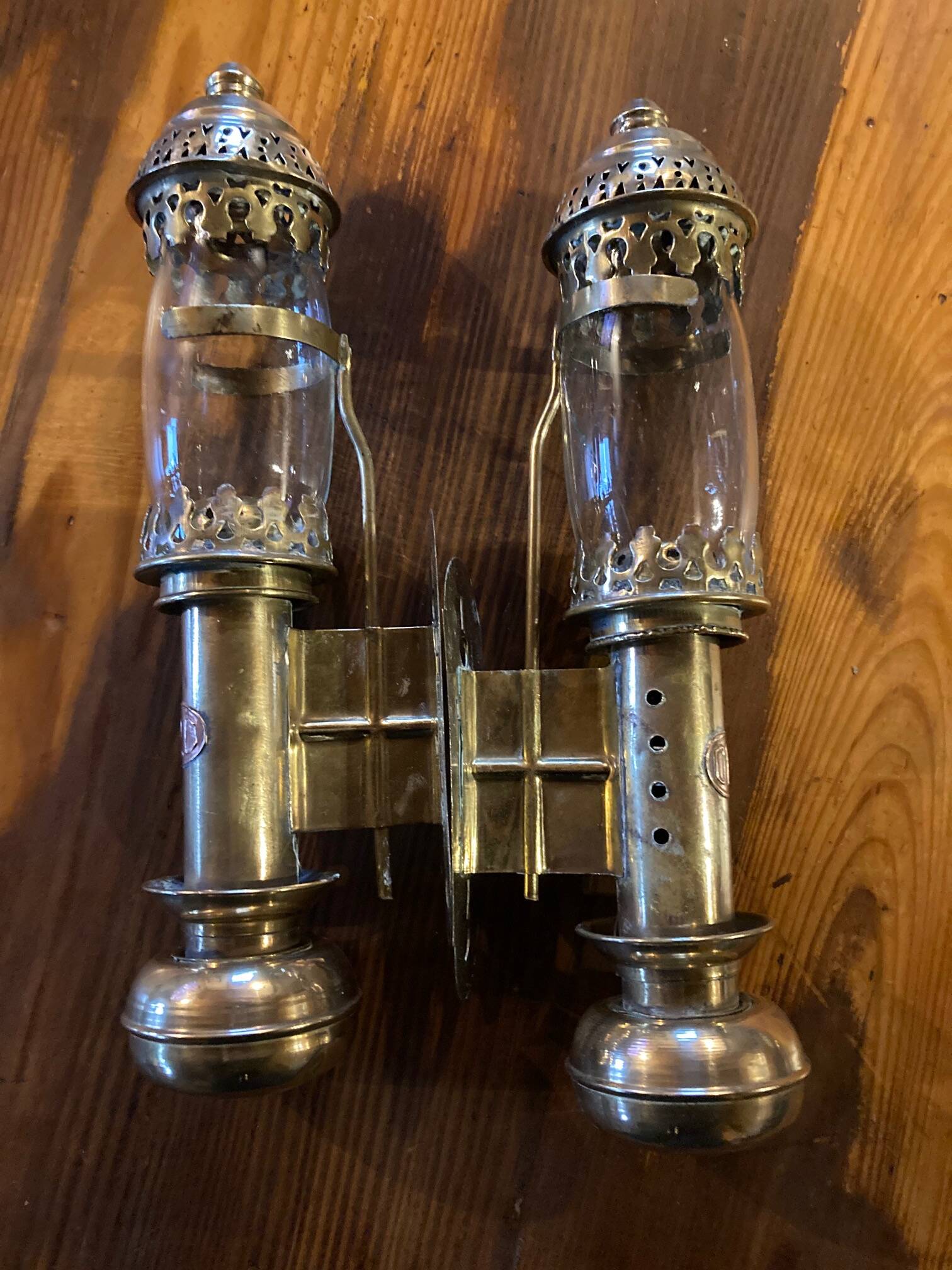 Pair of brass railway wall sconces, DLC Wagon Lit lamps