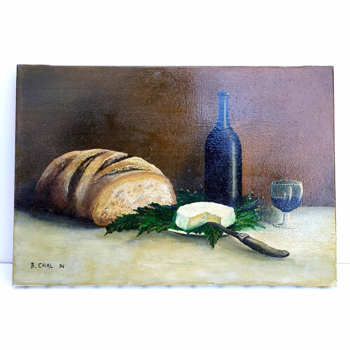 Peinture toile nature morte champêtre fromage vin et pain