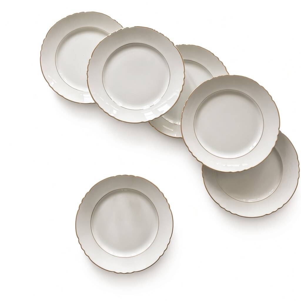 6 antique earthenware flat plates in off-white with gilding from Moulin des Loups.