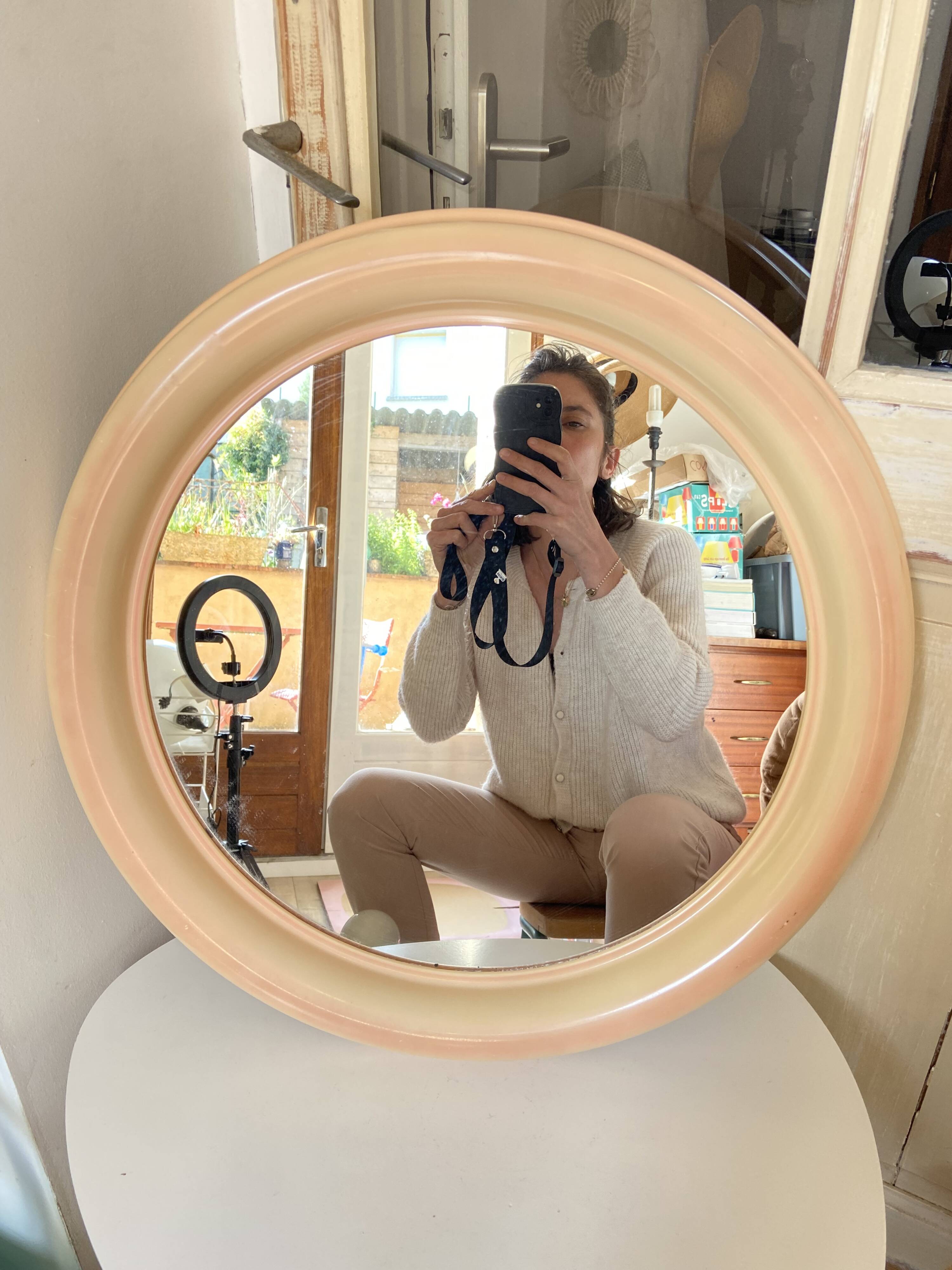 Round Beige and Coral Plastic Wall Mirror from the 70s-80s