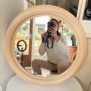 Round Beige and Coral Plastic Wall Mirror from the 70s-80s