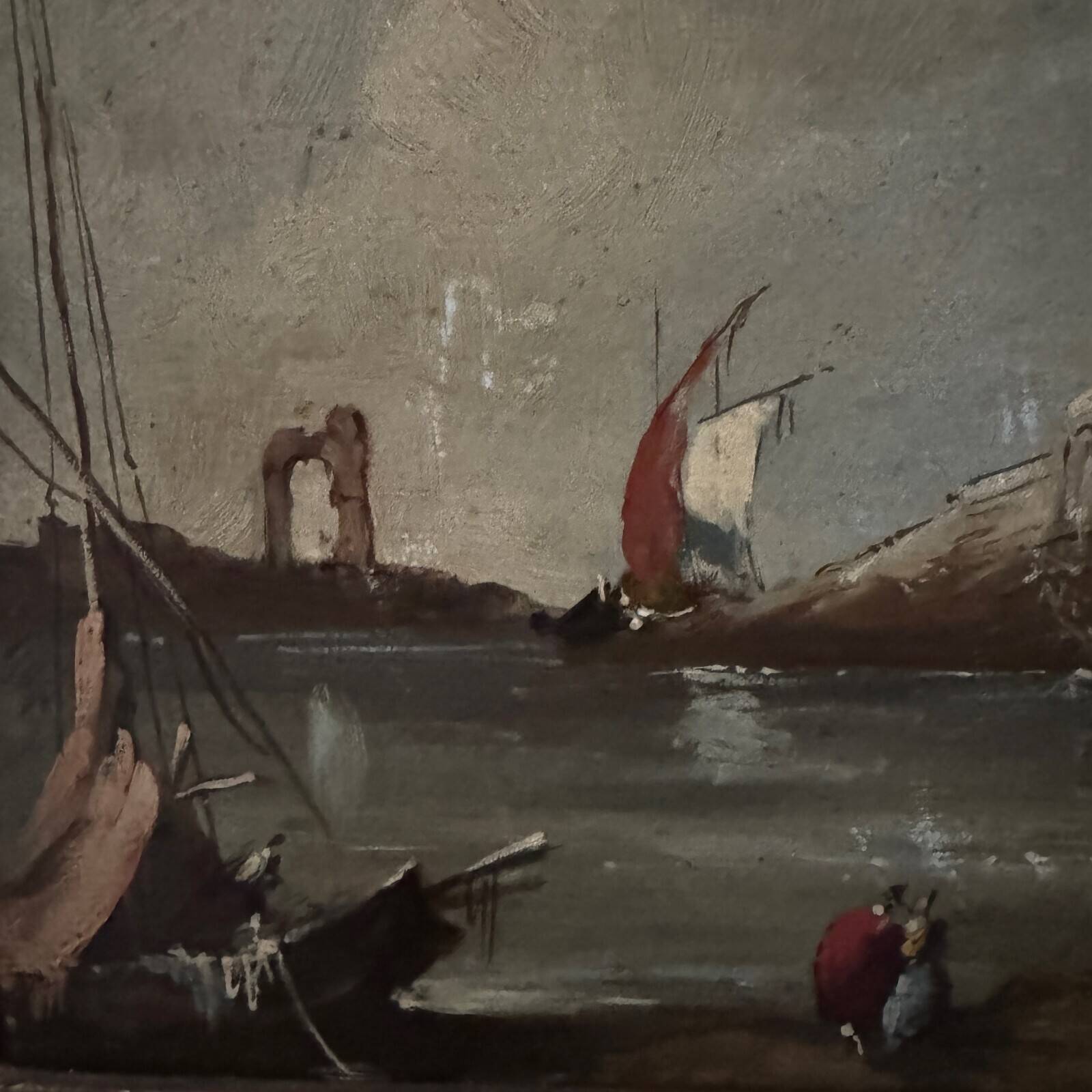 Oil on panel, port scene, late 19th century, gilded frame