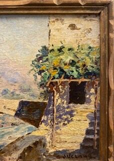 Ancient painting, landscape, escarene bridge, signed Joseph Vernay (1864-1950)
