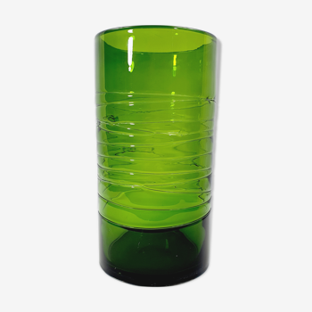 Large vase tube in green striated glass bamboo appearance