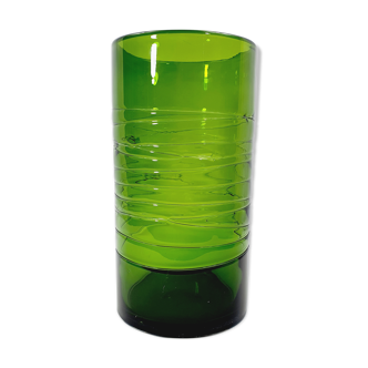 Large vase tube in green striated glass bamboo appearance