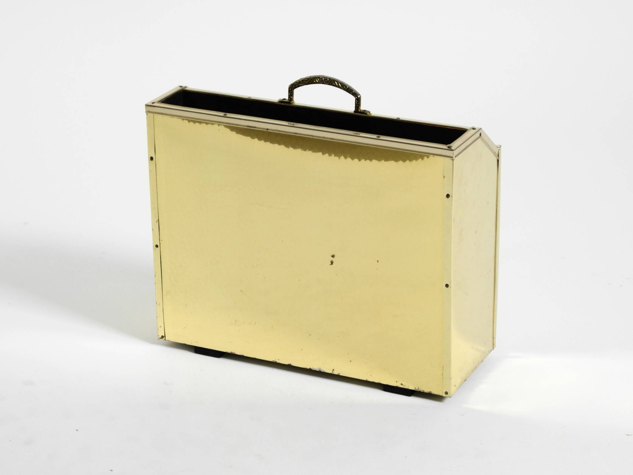 1980s newspaper rack made of brass and wood in Hollywood Regecy design