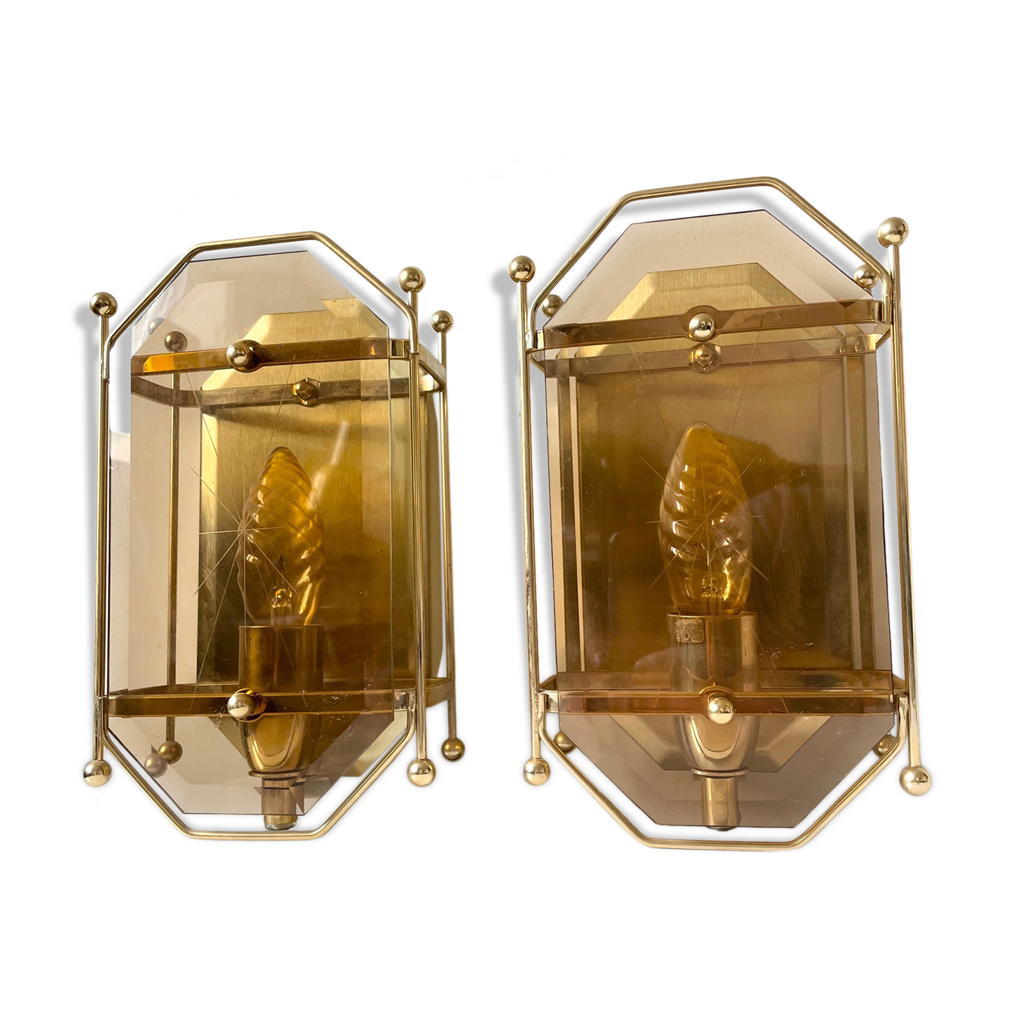 Pair of Scandinavian Vintage  wall light Sconce in Brass & Amber colored Glass