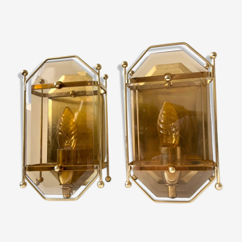 Pair of Scandinavian Vintage  wall light Sconce in Brass & Amber colored Glass